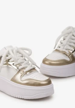 Biało-Złote Sneakersy z Cholewką z Licznymi Wstawkami na Grubej Podeszwie Lenarise