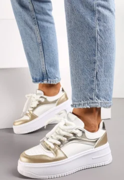 Biało-Złote Sneakersy z Cholewką z Licznymi Wstawkami na Grubej Podeszwie Lenarise