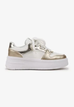 Biało-Złote Sneakersy z Cholewką z Licznymi Wstawkami na Grubej Podeszwie Lenarise