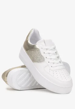 Biało-Złote Sneakersy z Cholewką przed Kostkę z Metalicznymi i Brokatowymi Wstawkami Kazma