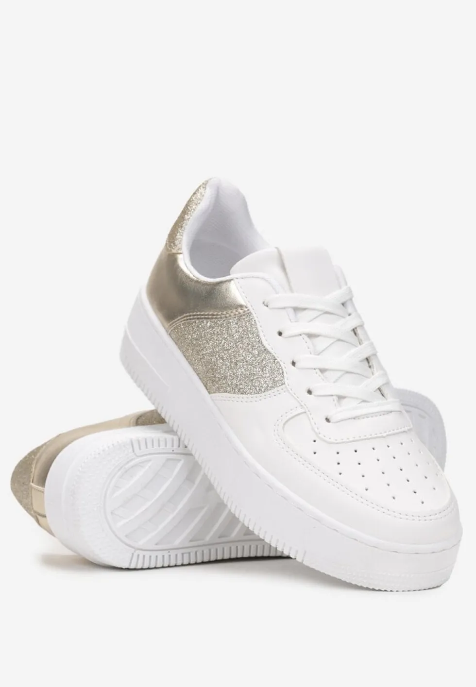 Biało-Złote Sneakersy z Cholewką przed Kostkę z Metalicznymi i Brokatowymi Wstawkami Kazma