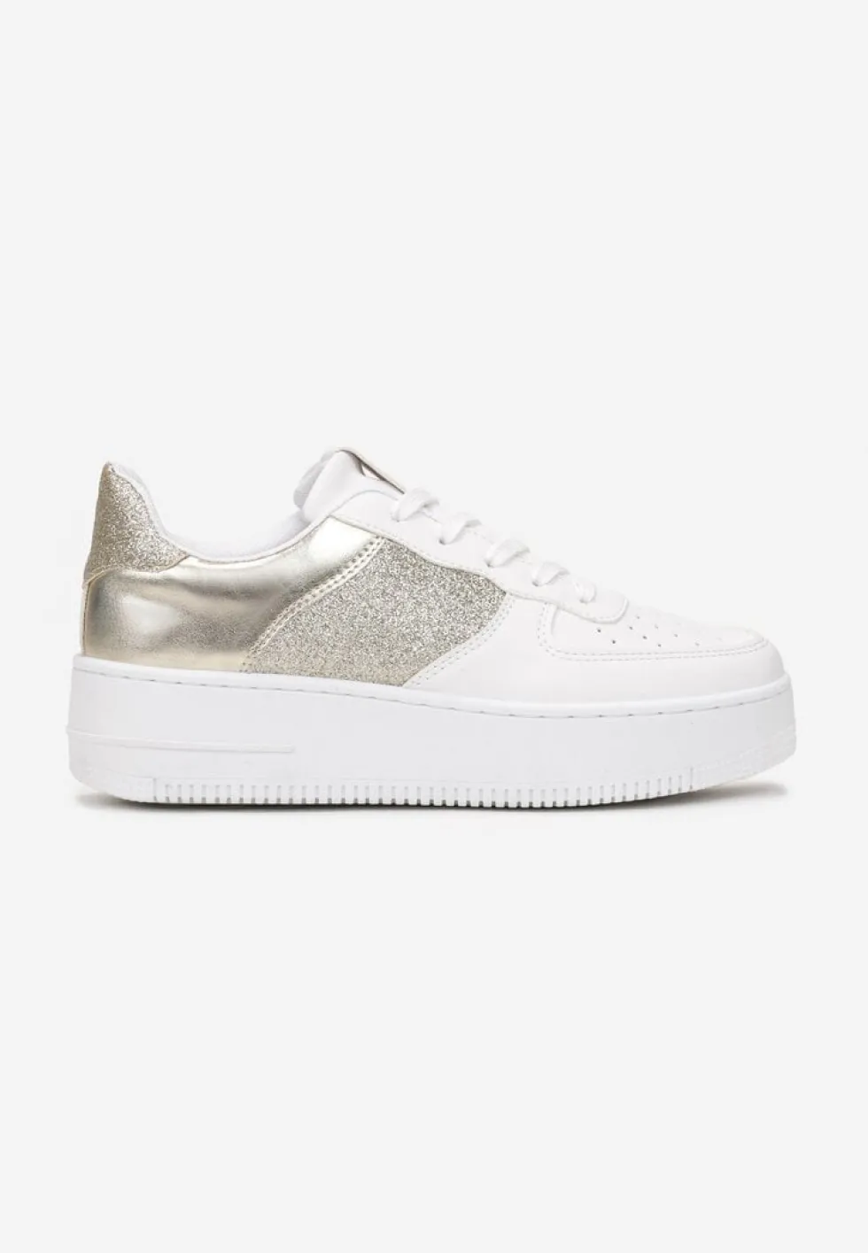 Biało-Złote Sneakersy z Cholewką przed Kostkę z Metalicznymi i Brokatowymi Wstawkami Kazma