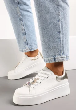 Biało-Złote Sneakersy z Cyrkoniami na Sznurówkach z Platformą Nomiji