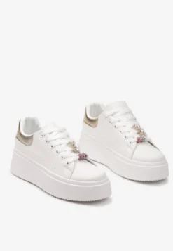 Biało-Złote Sneakersy z Cyrkoniami na Sznurówkach z Platformą Nomiji