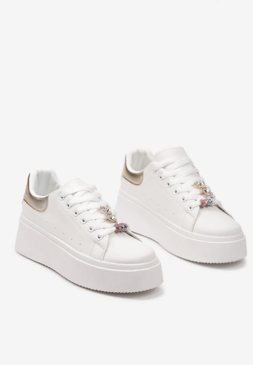 Biało-Złote Sneakersy z Cyrkoniami na Sznurówkach z Platformą Nomiji