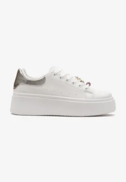 Biało-Złote Sneakersy z Cyrkoniami na Sznurówkach z Platformą Nomiji