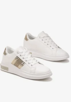 Biało-Złote Sneakersy z Metalicznymi Wstawkami i Cyrkoniami na Grubej Podeszwie Wirela