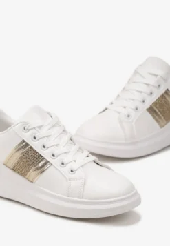 Biało-Złote Sneakersy z Metalicznymi Wstawkami i Cyrkoniami na Grubej Podeszwie Wirela