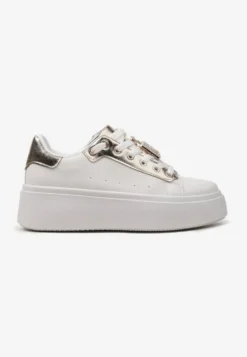 Biało-Złote Sneakersy z Metaliczną Zawieszką na Sznurówkach Ozdobioną Cyrkoniami Edosa