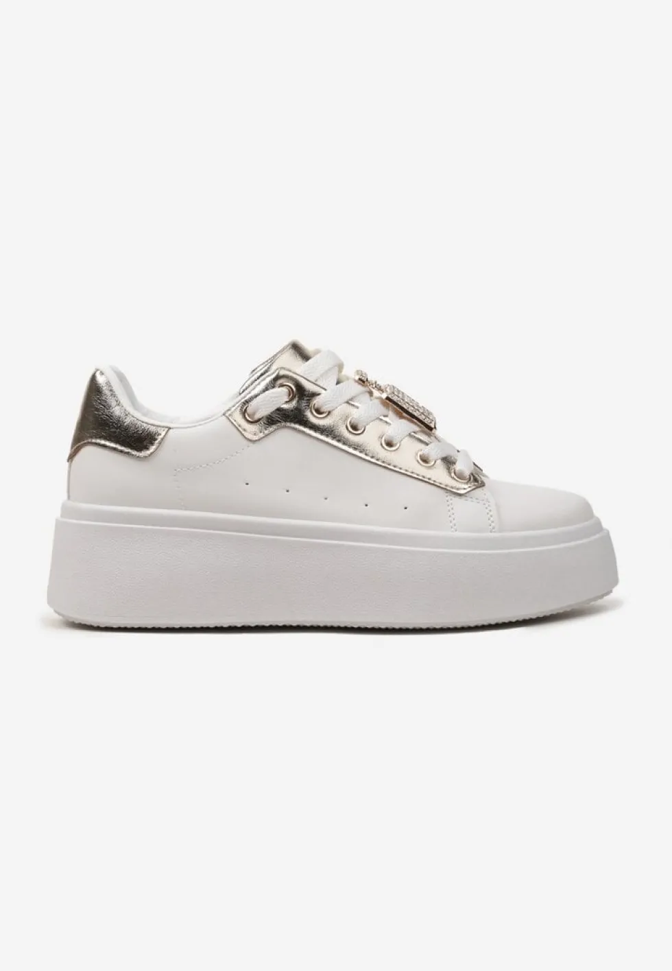 Biało-Złote Sneakersy z Metaliczną Zawieszką na Sznurówkach Ozdobioną Cyrkoniami Edosa