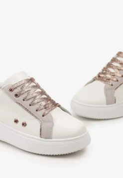 Biało-Złote Sneakersy z Metalicznymi Wstawkami na Grubej Podeszwie Amoone
