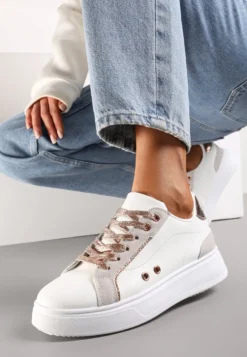 Biało-Złote Sneakersy z Metalicznymi Wstawkami na Grubej Podeszwie Amoone