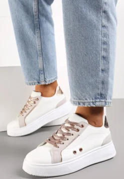 Biało-Złote Sneakersy z Metalicznymi Wstawkami na Grubej Podeszwie Amoone