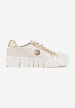 Biało-Złote Sznurowane Sneakersy Vices na Platformie z Tłoczeniem i Metaliczną Aplikacją Lavfedi