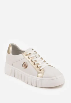 Biało-Złote Sznurowane Sneakersy Vices na Platformie z Tłoczeniem i Metaliczną Aplikacją Lavfedi