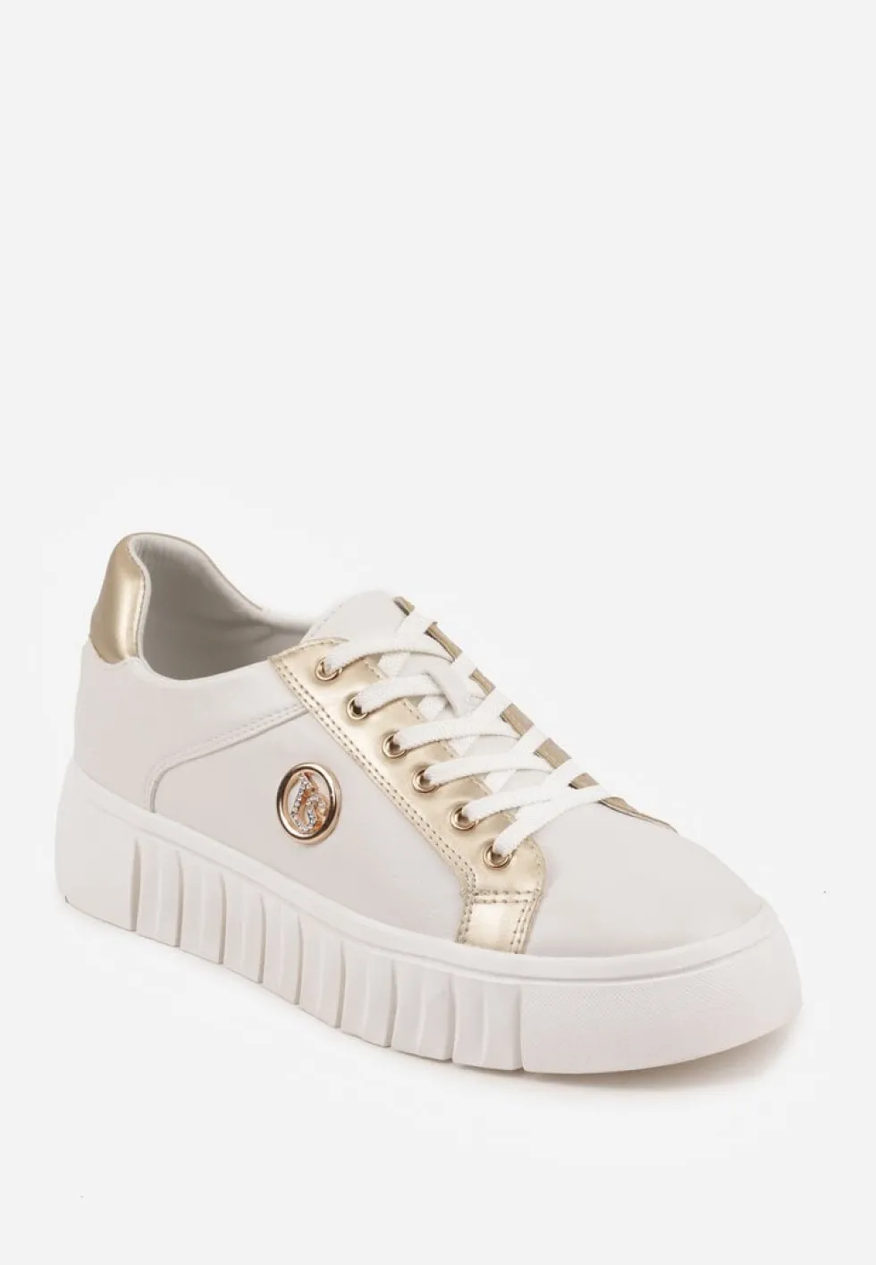 Biało-Złote Sznurowane Sneakersy Vices na Platformie z Tłoczeniem i Metaliczną Aplikacją Lavfedi