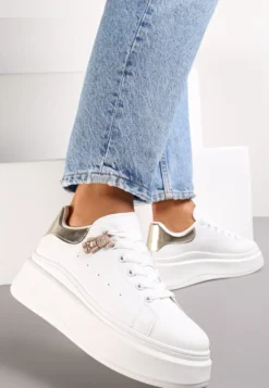 Biało-Złote Sznurowane Sneakersy na Platformie z Aplikacją przy Sznurówkach Khirlie