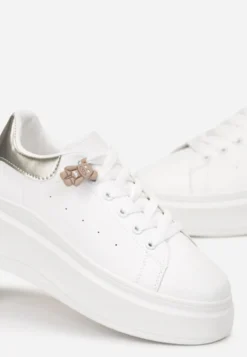 Biało-Złote Sznurowane Sneakersy na Platformie z Aplikacją przy Sznurówkach Khirlie