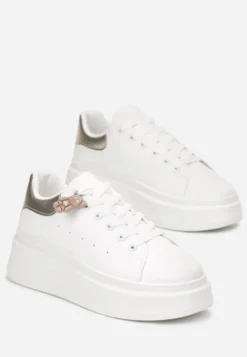 Biało-Złote Sznurowane Sneakersy na Platformie z Aplikacją przy Sznurówkach Khirlie