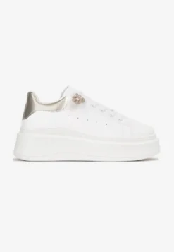 Biało-Złote Sznurowane Sneakersy na Platformie z Aplikacją przy Sznurówkach Khirlie