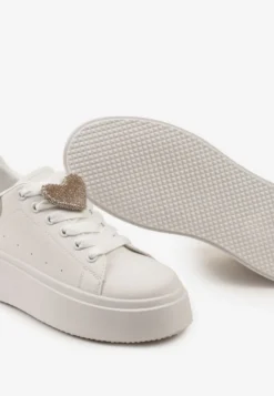 Biało-Złote Wiązane Casualowe Sneakersy na Platformie z Cyrkoniami i Metalową Aplikacją Illita