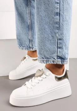 Biało-Złote Wiązane Casualowe Sneakersy na Platformie z Cyrkoniami i Metalową Aplikacją Illita