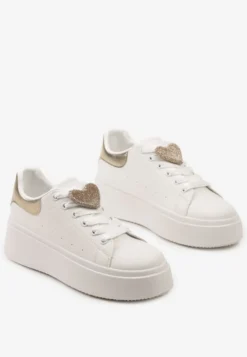 Biało-Złote Wiązane Casualowe Sneakersy na Platformie z Cyrkoniami i Metalową Aplikacją Illita