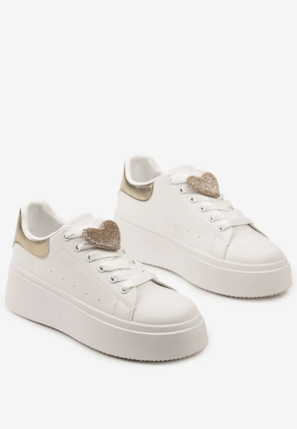 Biało-Złote Wiązane Casualowe Sneakersy na Platformie z Cyrkoniami i Metalową Aplikacją Illita