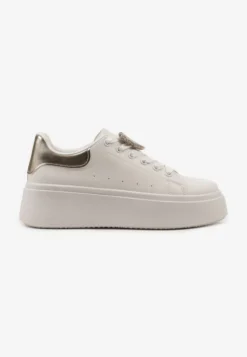 Biało-Złote Wiązane Casualowe Sneakersy na Platformie z Cyrkoniami i Metalową Aplikacją Illita