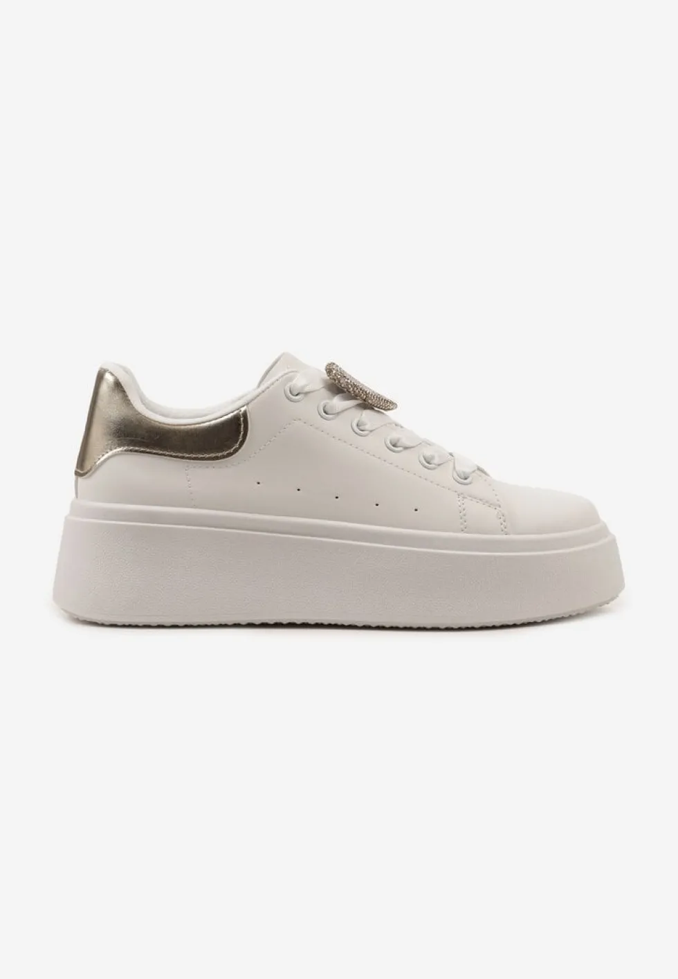 Biało-Złote Wiązane Casualowe Sneakersy na Platformie z Cyrkoniami i Metalową Aplikacją Illita