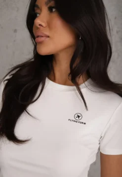 Biały Basicowy T-shirt w Stylu Cropped z Subtelnym Nadrukiem Loraera