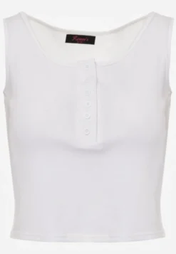 Biały Bawełniany Tank Top w Prążki z Ozdobnymi Guziczkami Bernissa