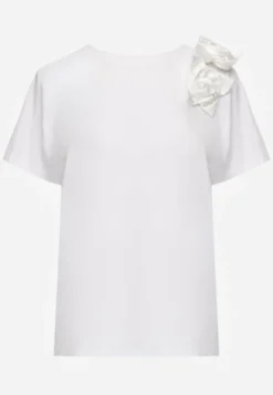 Biały Bawełniany T-shirt o Klasycznym Kroju z Kwiatowymi Aplikacjami 3D Morgane