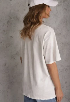 Biały Bawełniany T-shirt Oversize z Haftowanym Napisem z Cekinami Talomora