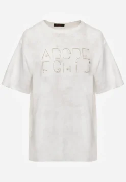 Biały Bawełniany T-shirt Oversize z Haftowanym Napisem z Cekinami Talomora