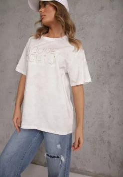 Biały Bawełniany T-shirt Oversize z Haftowanym Napisem z Cekinami Talomora
