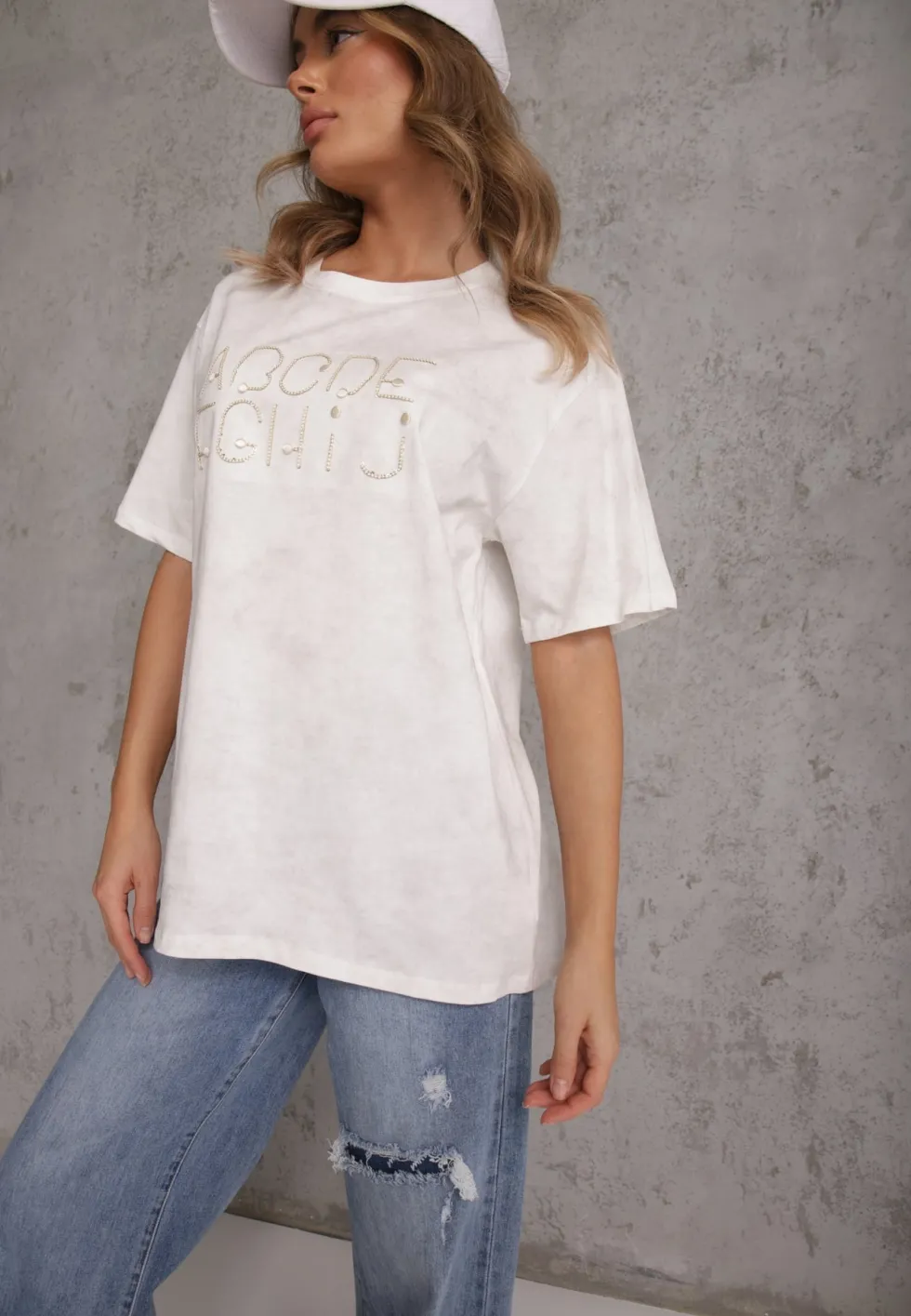 Biały Bawełniany T-shirt Oversize z Haftowanym Napisem z Cekinami Talomora