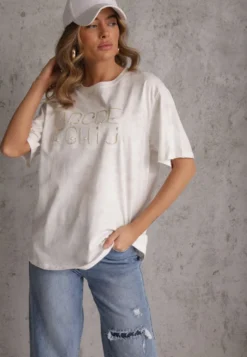 Biały Bawełniany T-shirt Oversize z Haftowanym Napisem z Cekinami Talomora