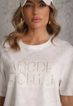 Biały Bawełniany T-shirt Oversize z Haftowanym Napisem z Cekinami Talomora
