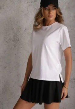 Biały Bawełniany T-shirt Ozdobiony po Bokach Rozcięciami Brinelle