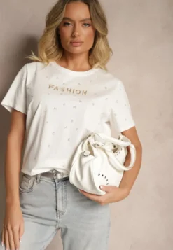 Biały Bawełniany T-shirt Ozdobiony Napisem i Cyrkoniami Nalavenna