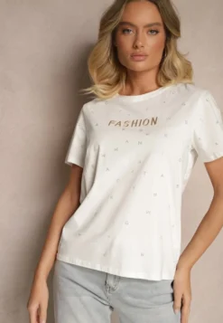 Biały Bawełniany T-shirt Ozdobiony Napisem i Cyrkoniami Nalavenna