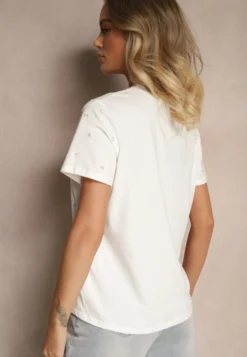 Biały Bawełniany T-shirt Ozdobiony Napisem i Cyrkoniami Nalavenna