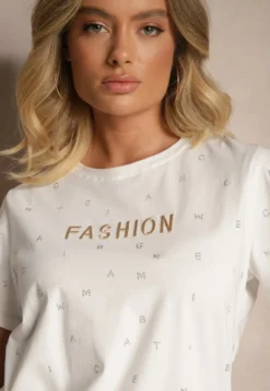 Biały Bawełniany T-shirt Ozdobiony Napisem i Cyrkoniami Nalavenna
