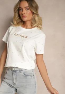 Biały Bawełniany T-shirt Ozdobiony Napisem i Cyrkoniami Nalavenna