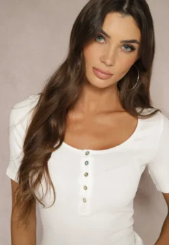 Biały Bawełniany T-shirt Prążkowany z Guzikami Florvivi