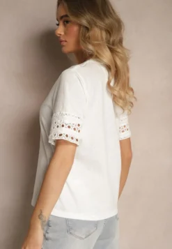 Biały Bawełniany T-shirt z Ażurowymi Rękawkami Zolreia