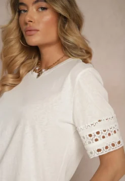 Biały Bawełniany T-shirt z Ażurowymi Rękawkami Zolreia