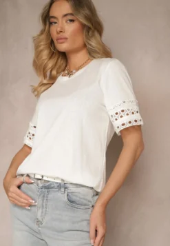 Biały Bawełniany T-shirt z Ażurowymi Rękawkami Zolreia