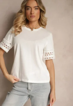 Biały Bawełniany T-shirt z Ażurowymi Rękawkami Zolreia
